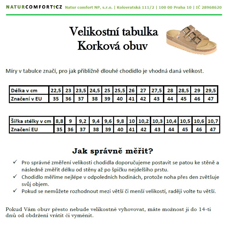 Tabulka velikostí Korková obuv